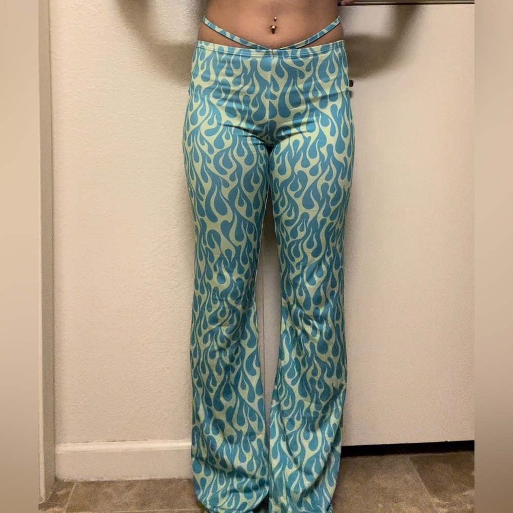 Forever 21 blue and yellow/green flame flared leggings w/ matching waist strings